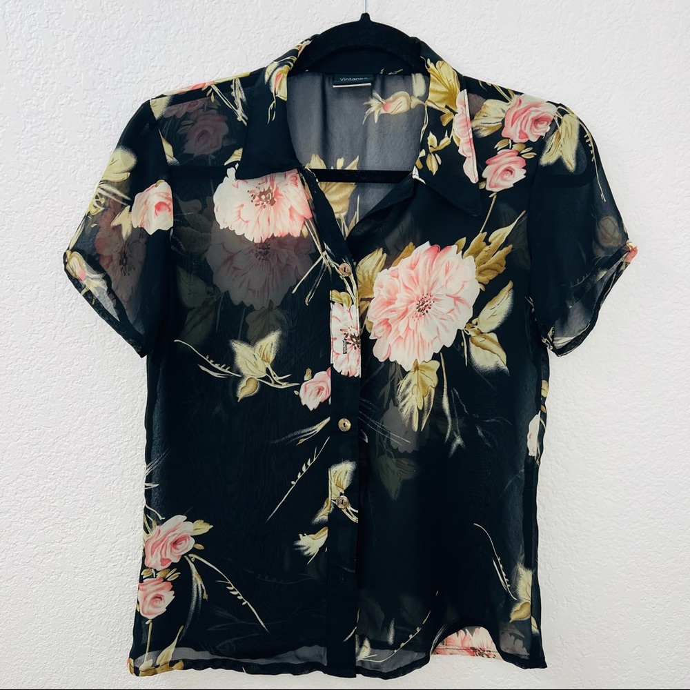 Vtg Vintage Studio Black Rose Print Sheer Button Down Short Sleeve Top